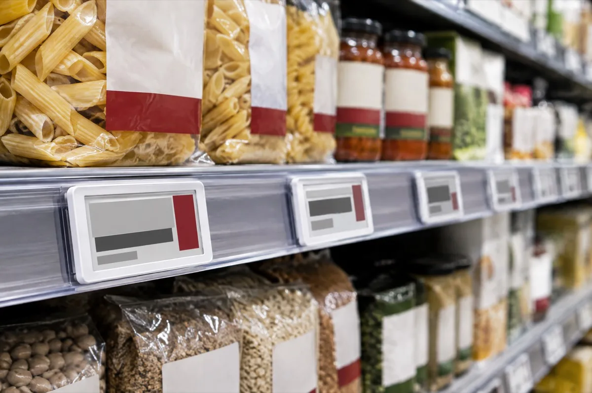 Electronic shelf labels on a supermarket shelf