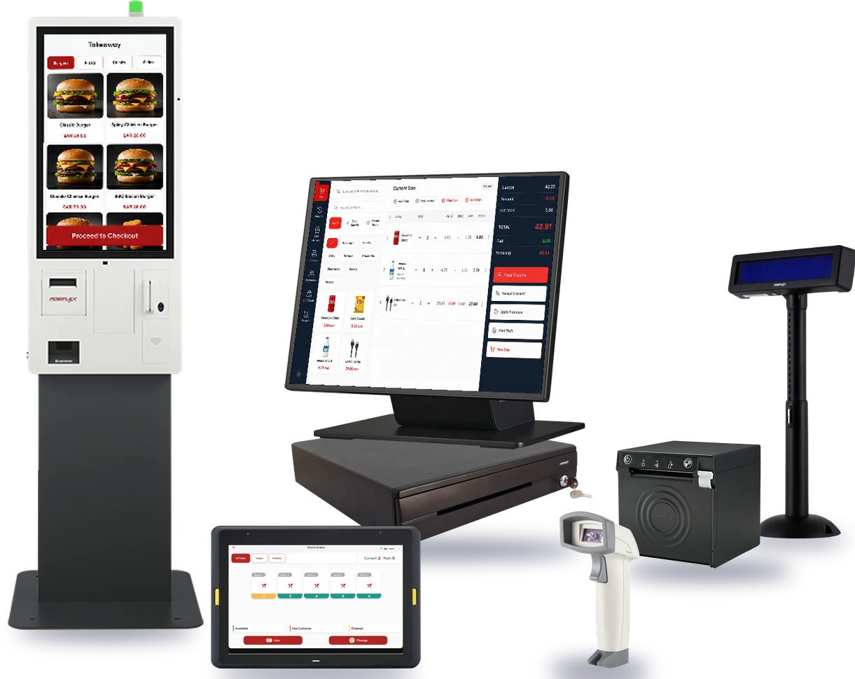 Posiflex range: self-service kiosk, POS terminal on a cash drawer, receipt printer, customer display, mobile POS tablet and barcode scanner