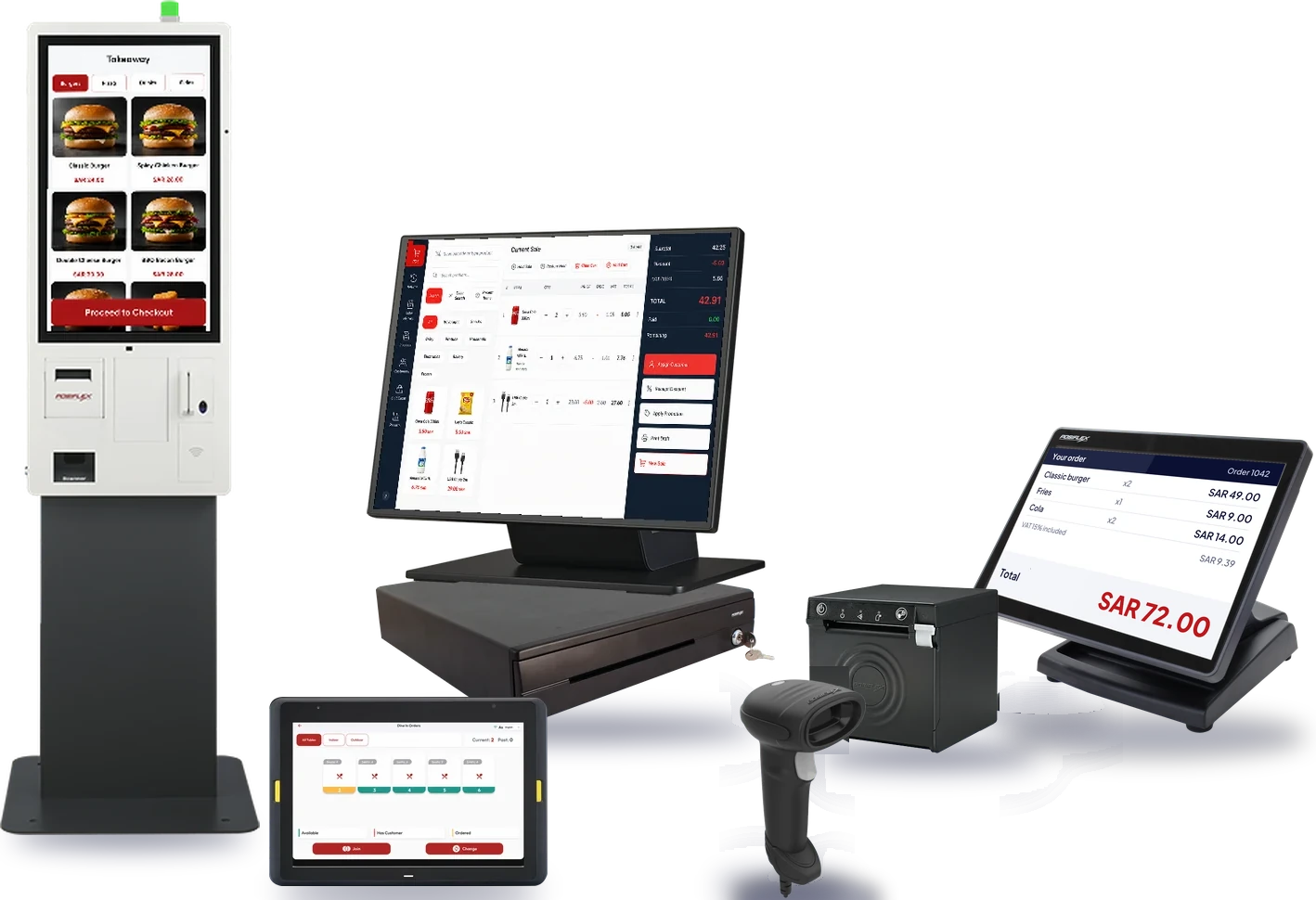 Posiflex range: JK self-service kiosk, GT POS terminal on a CR-4000 cash drawer, PP-7900 receipt printer, TM-5111C customer display, MT-6210 tablet and CD-3301 barcode scanner