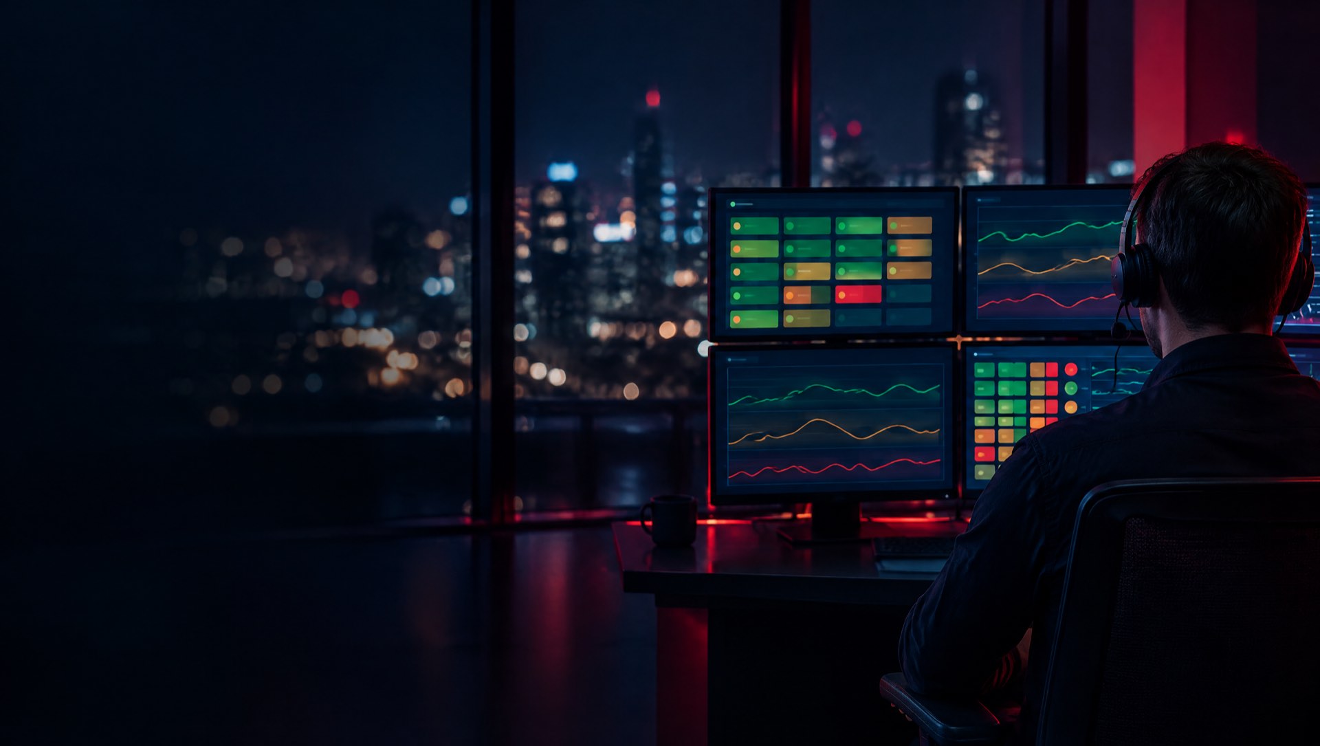 IT engineer monitoring systems around the clock from a network operations desk