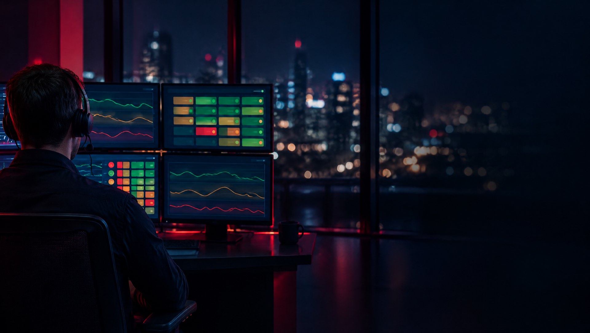 مهندس تقنية معلومات يراقب الأنظمة على مدار الساعة من مكتب المراقبة