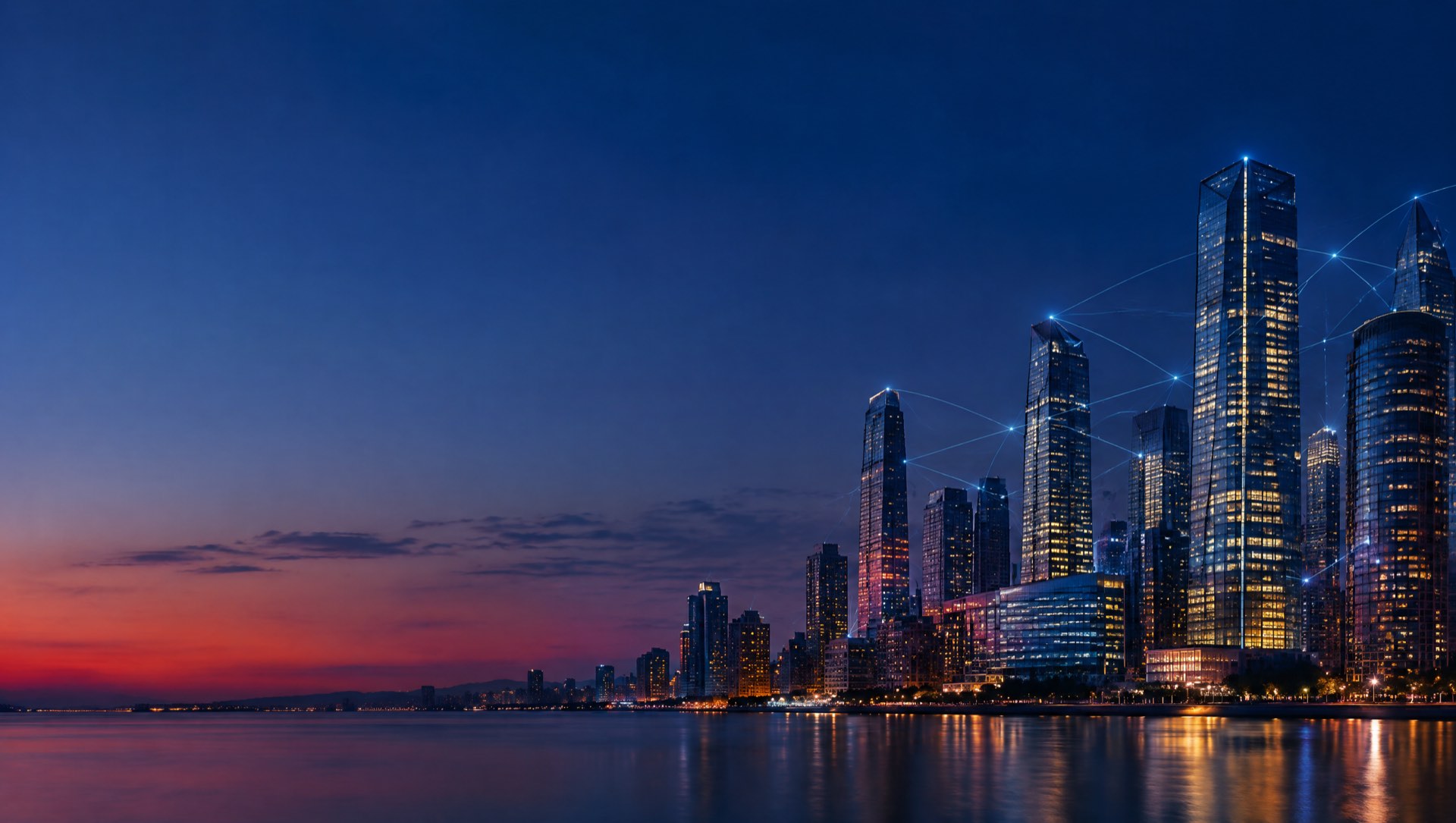 Modern city skyline at dusk connected by a digital network
