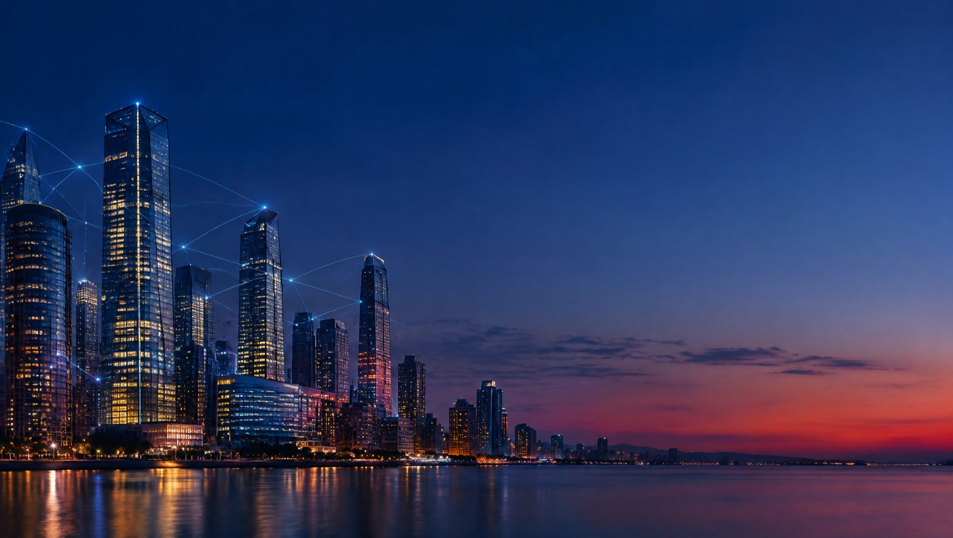 أفق مدينة حديثة عند الغروب تربطه شبكة رقمية
